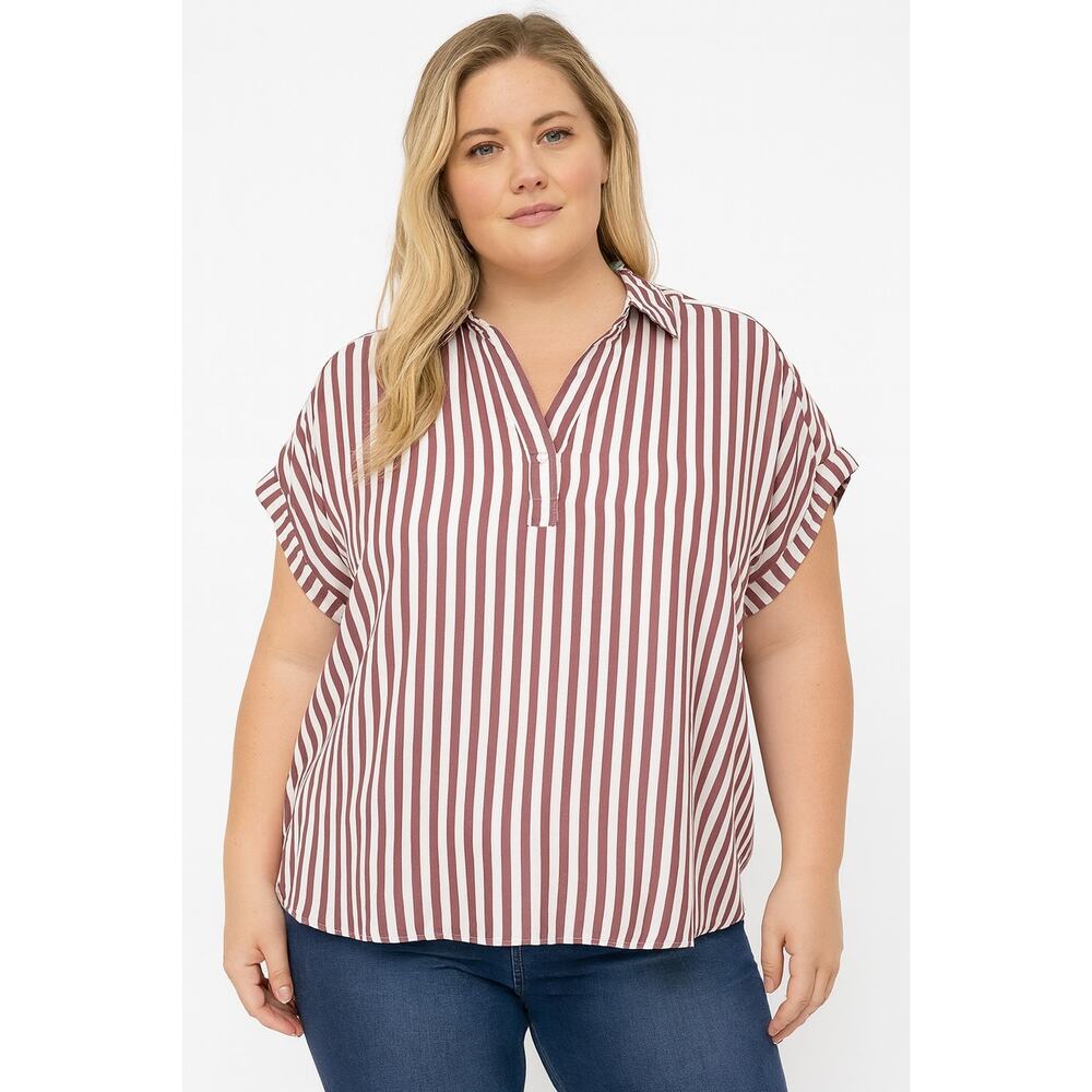 Jane + Delancey Women's Oversized Striped Button Back Shirt Pink & White Size 1X